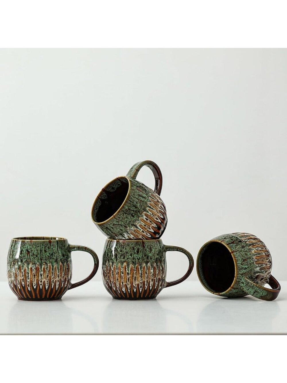 Set of 4 Large Green Ceramic Coffee Mugs - 20oz Big Tea Cups for Home & Office